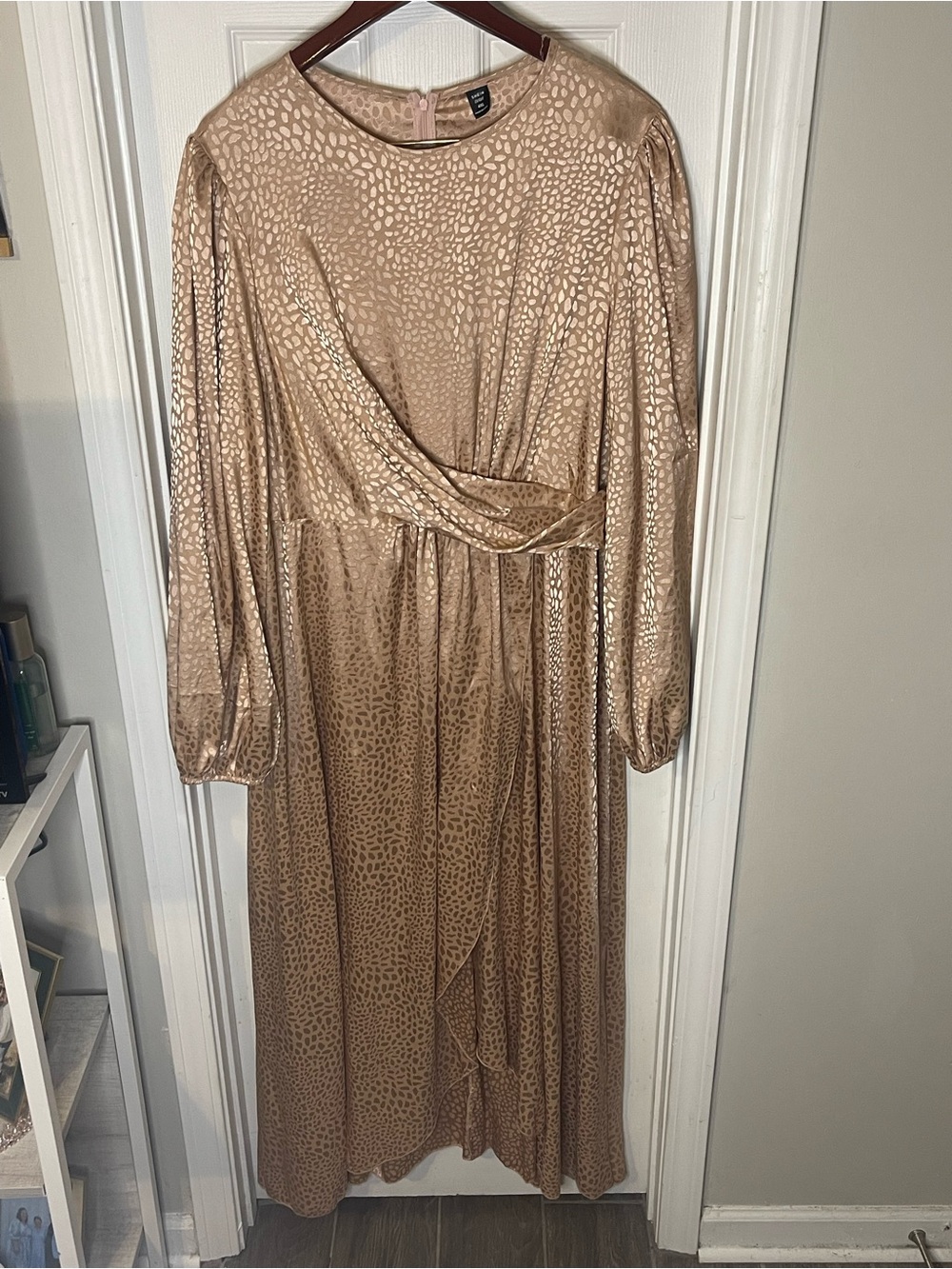 Metallic Champagne Faux-Wrap Long Sleeve Midi Dress